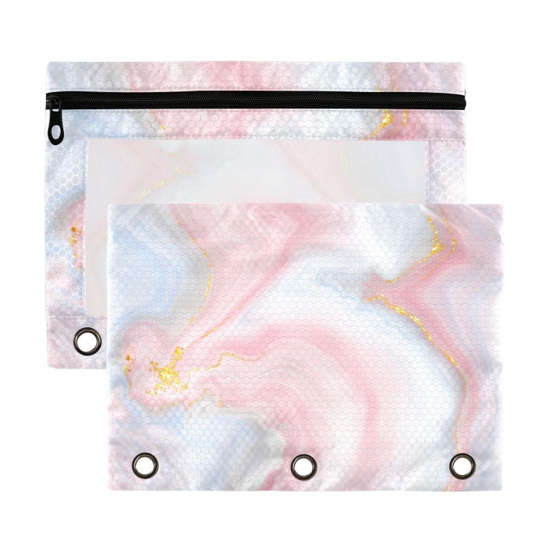 Kcldeci 3 Ring Pencil Pouch  Cute Pastel Unicorn Rainbow Glitter Marble 2 Packs Bulk Zipper Pencil Case Pencil Pouches with Clear Window for Storing School Office Supplies - Image 1